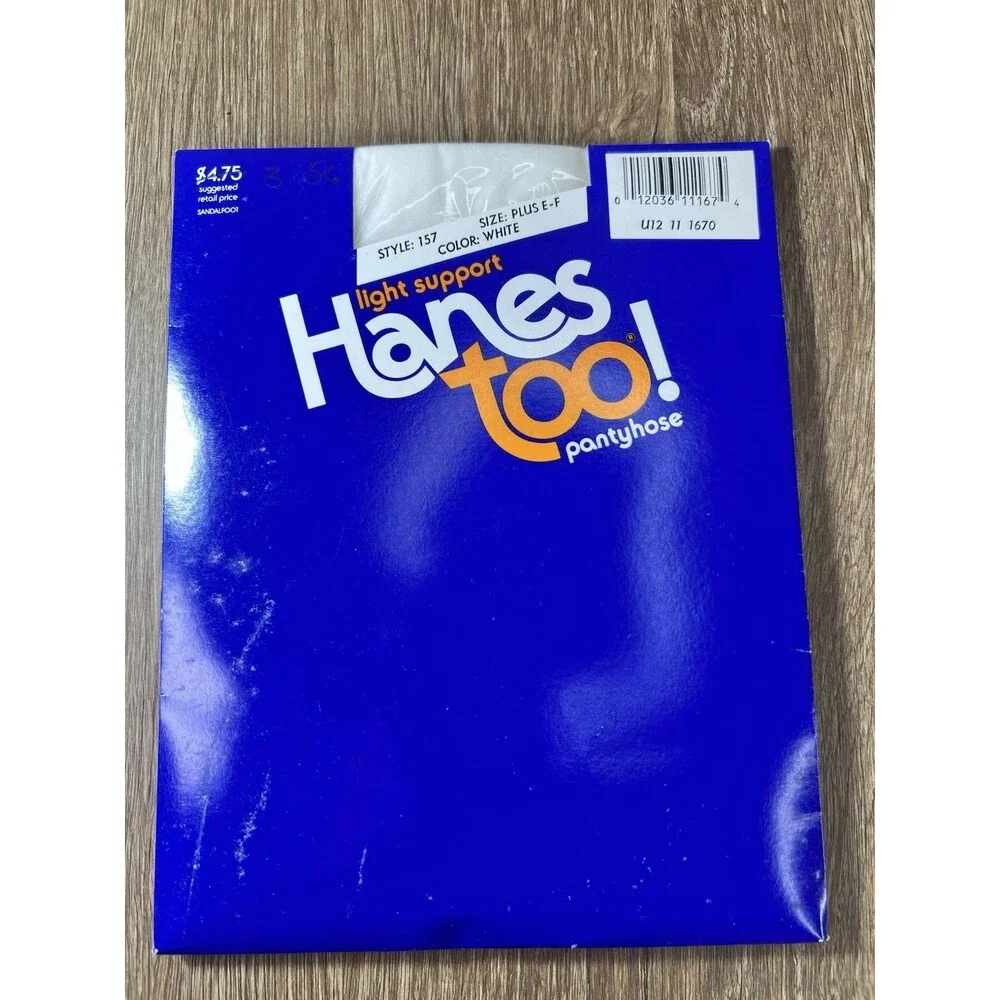 Vtg 80s Hanes Too Light Support Pantyhose Plus Size E-F White Sandalfoot NOS 157